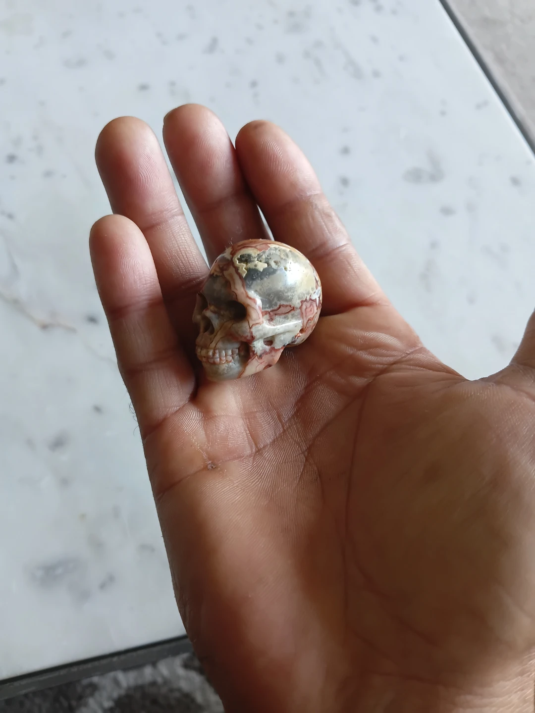 Crazy lace agate Carved Stone Skull