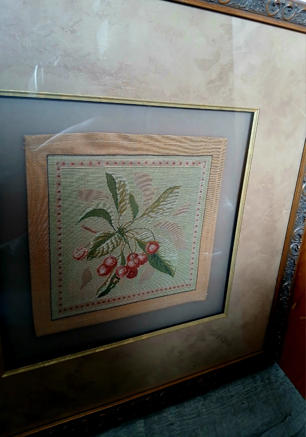 Framed Vintage large Cherry Needlepoint Art