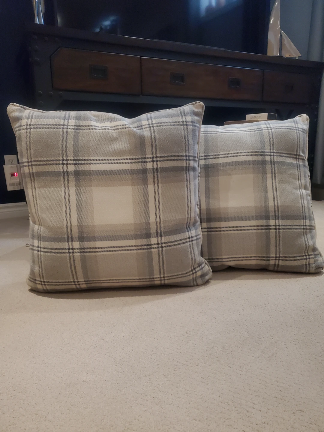 Two Grey Plaid Throw Cushions
