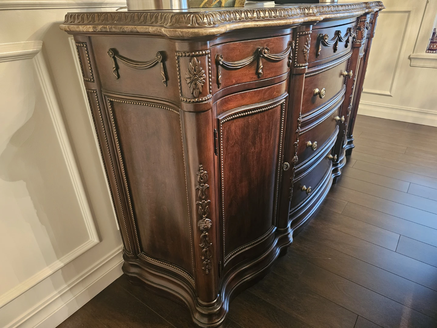 Traditional Ornate Wooden Buffet with Marble Top