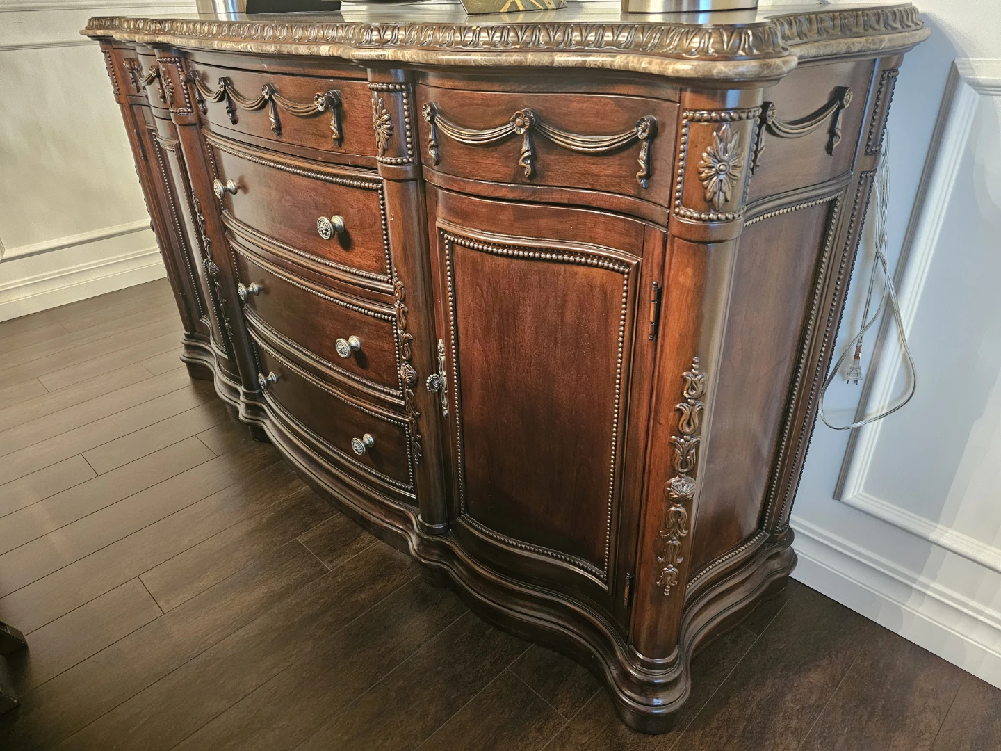 Traditional Ornate Wooden Buffet with Marble Top - photo 2