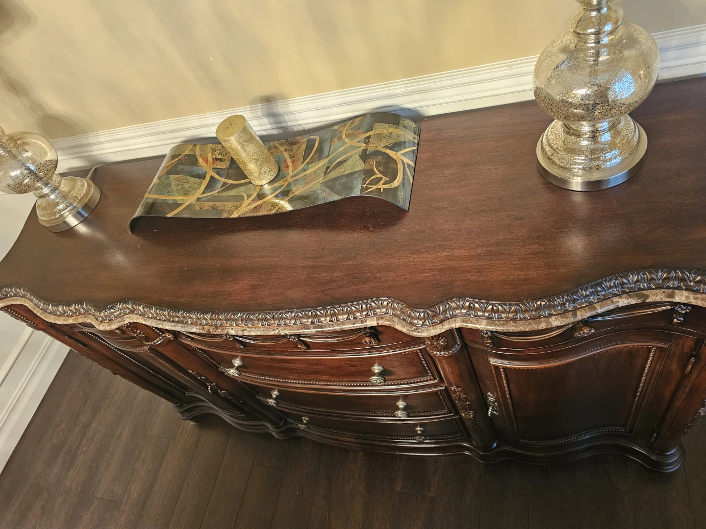 Traditional Ornate Wooden Buffet with Marble Top - photo 3
