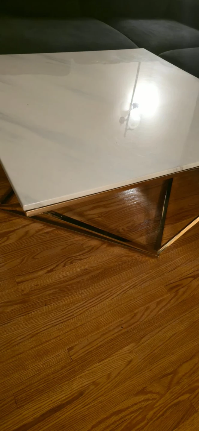 White Marble-Look Coffee Table with Gold Geometric Base - photo 3