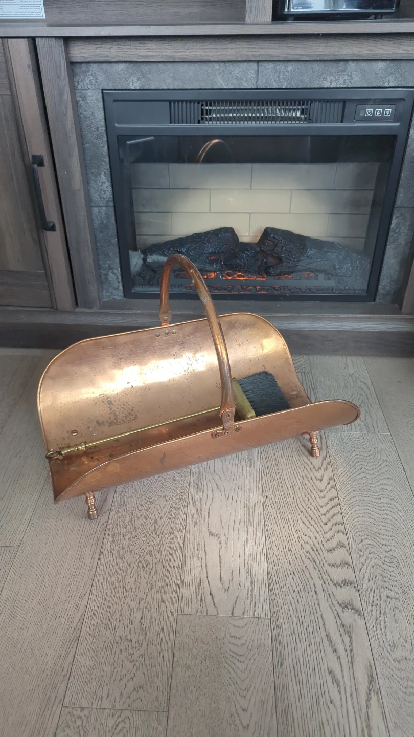 Vintage Copper Fireplace Log Carrier with Brush