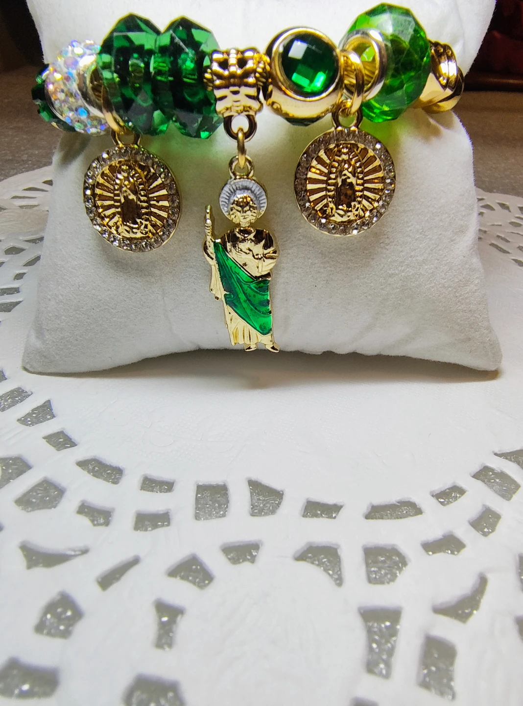 Religious Charm Bracelet with Green Beads - photo 2