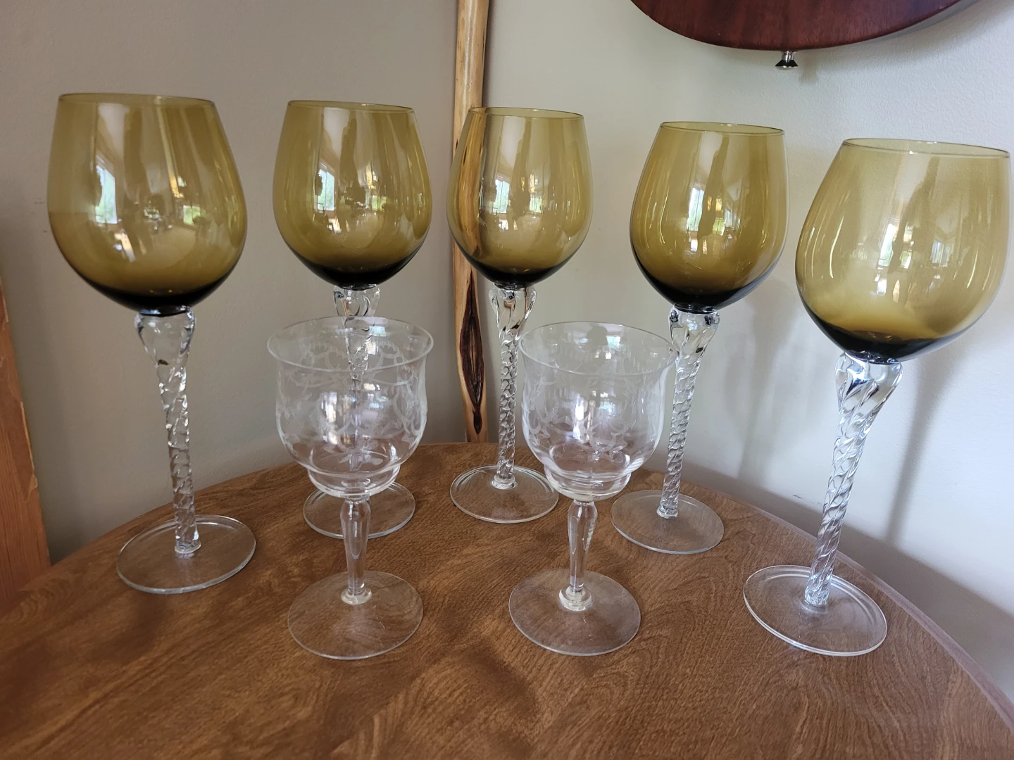 Set of 5 GIANT Amber Tinted Wine Glasses