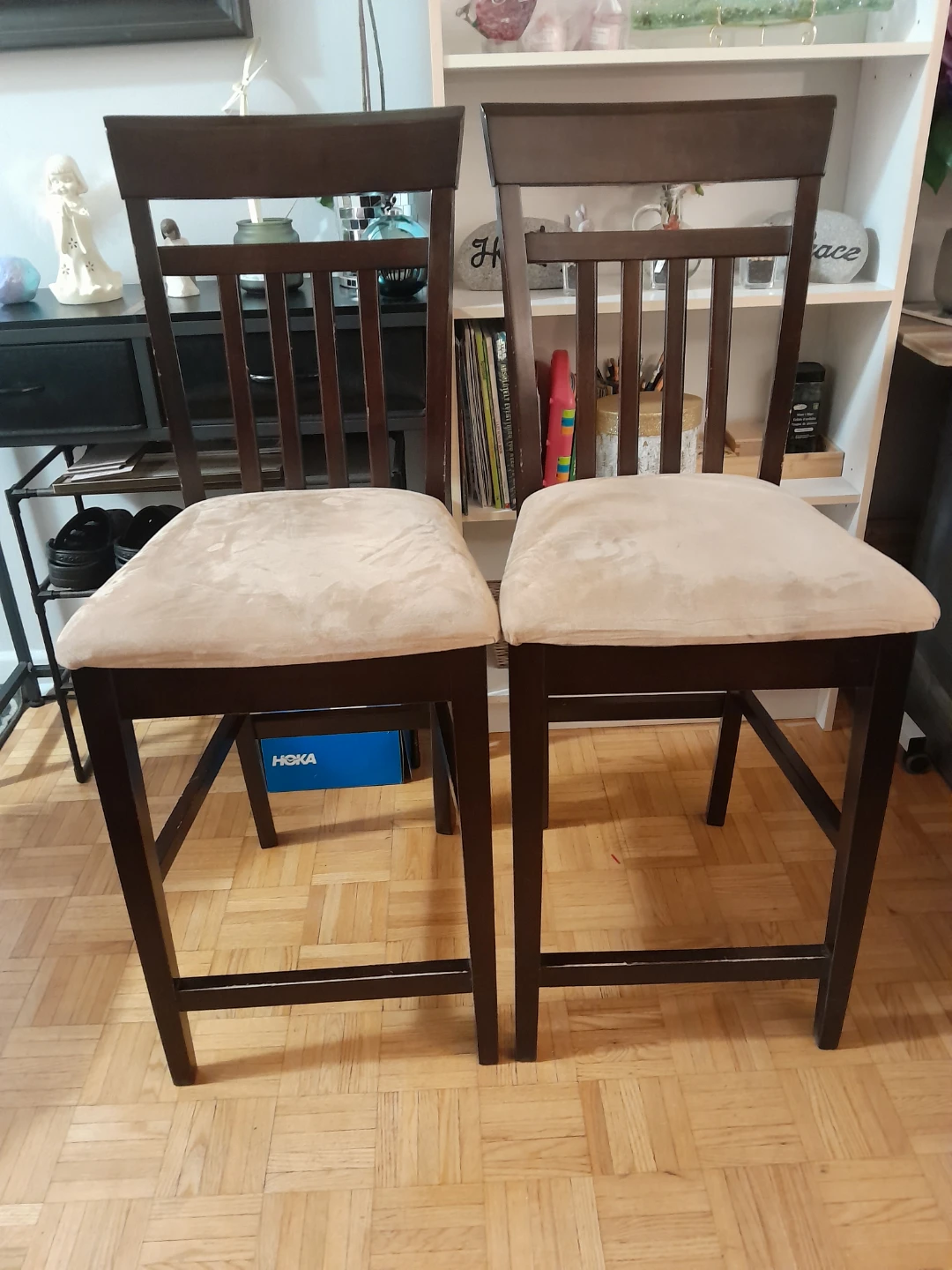 Six dark wood bar stools