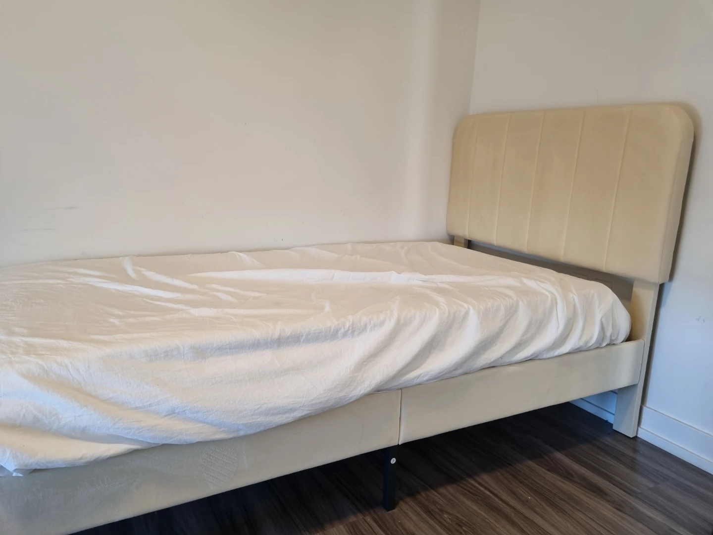 Cream Upholstered Twin Bed Frame + 2 mattress layers - photo 3