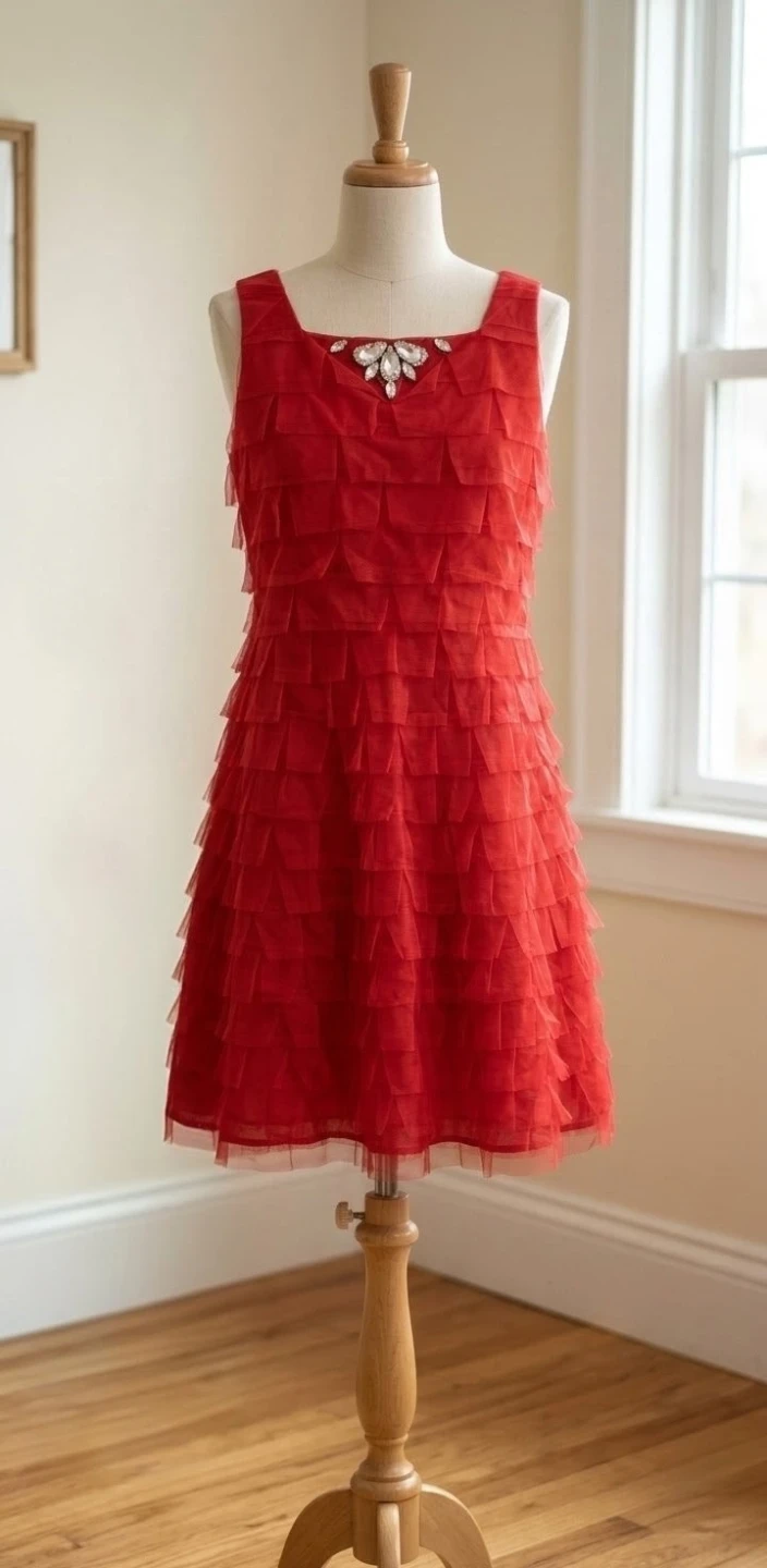 Red Sleeveless Layered Dress with Rhinestones