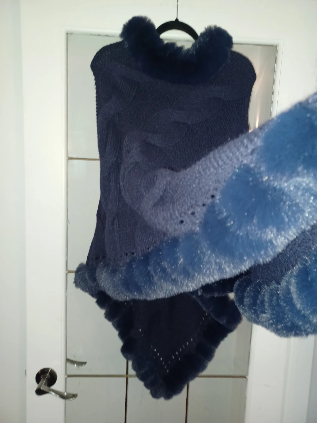 Navy Blue Cable Knit Poncho with Faux Fur Trim - photo 2