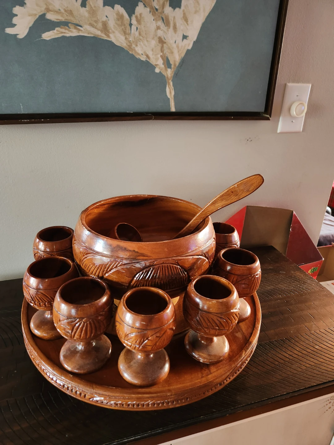Vintage Hand-Carved tiki monkey Wooden Punch Bowl Set - photo 2