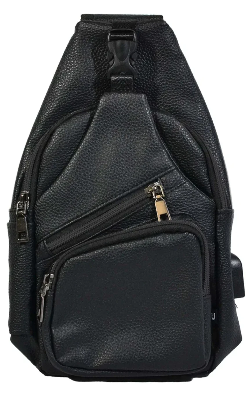 Black Faux Leather Sling Backpack