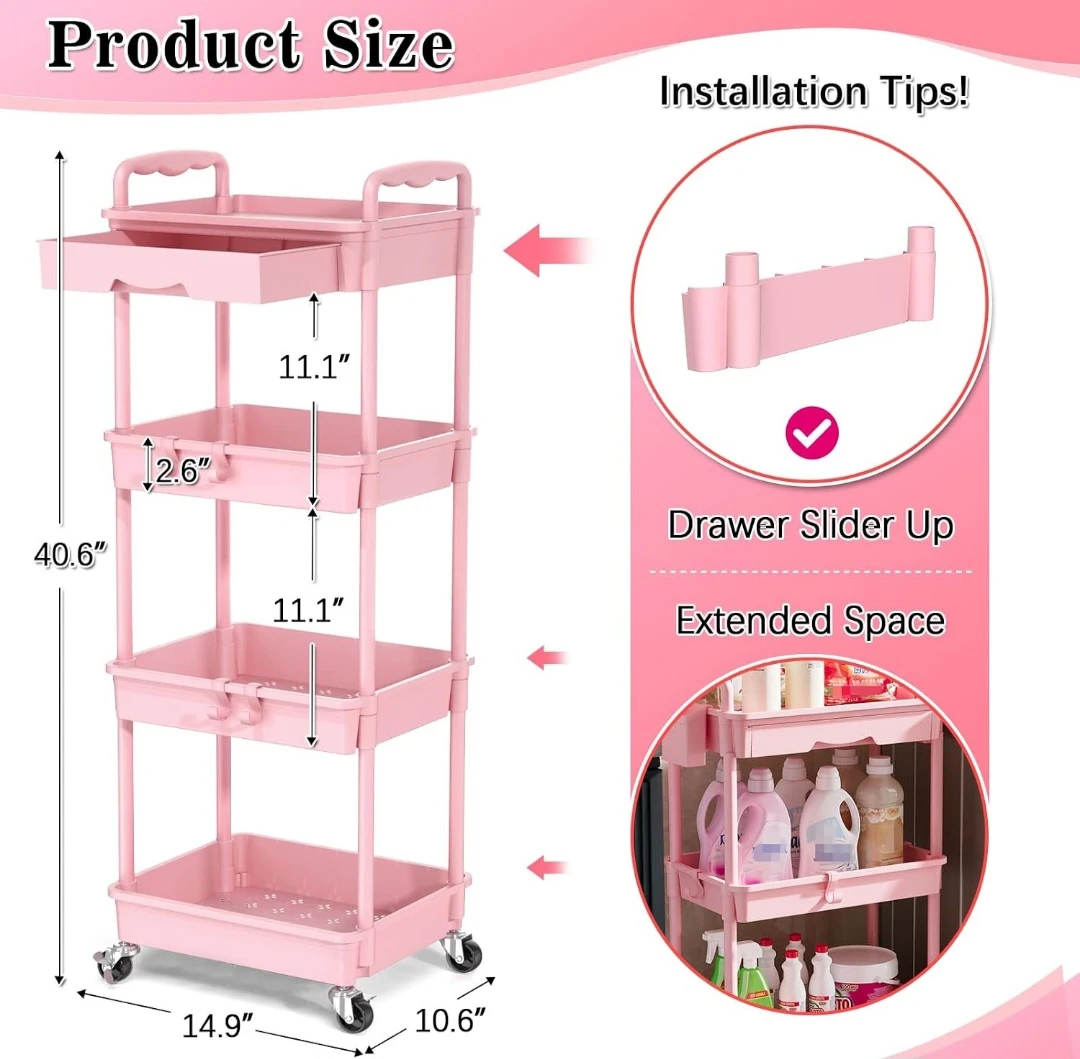 Pink 4-Tier Rolling Storage Cart with Drawer - photo 5