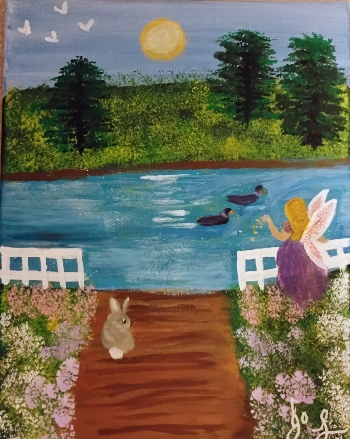 Hand-painted fairy, bunny, and pond canvas art