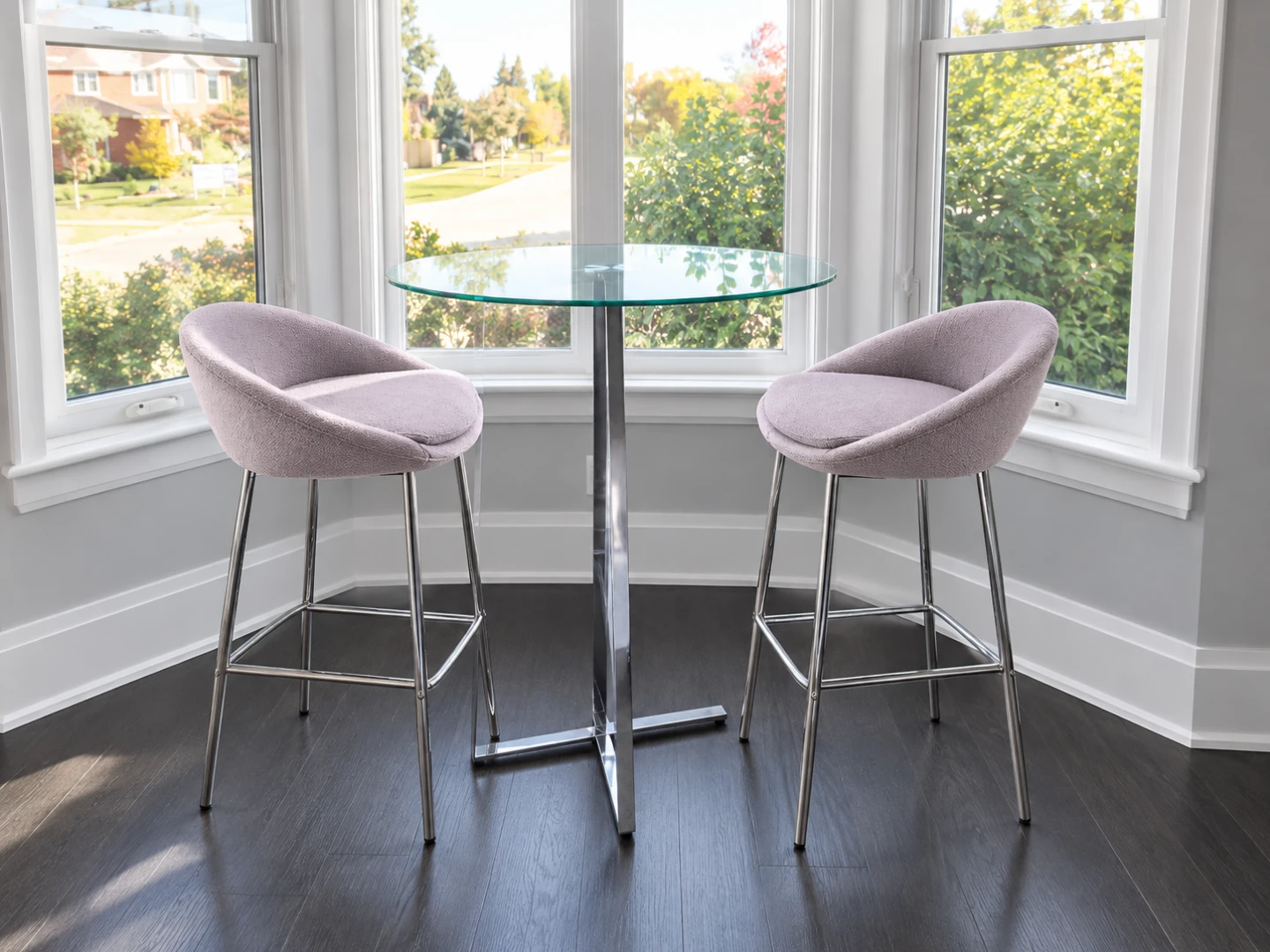 Set of Two Grey Fabric Bar Stools with Round Glass Table