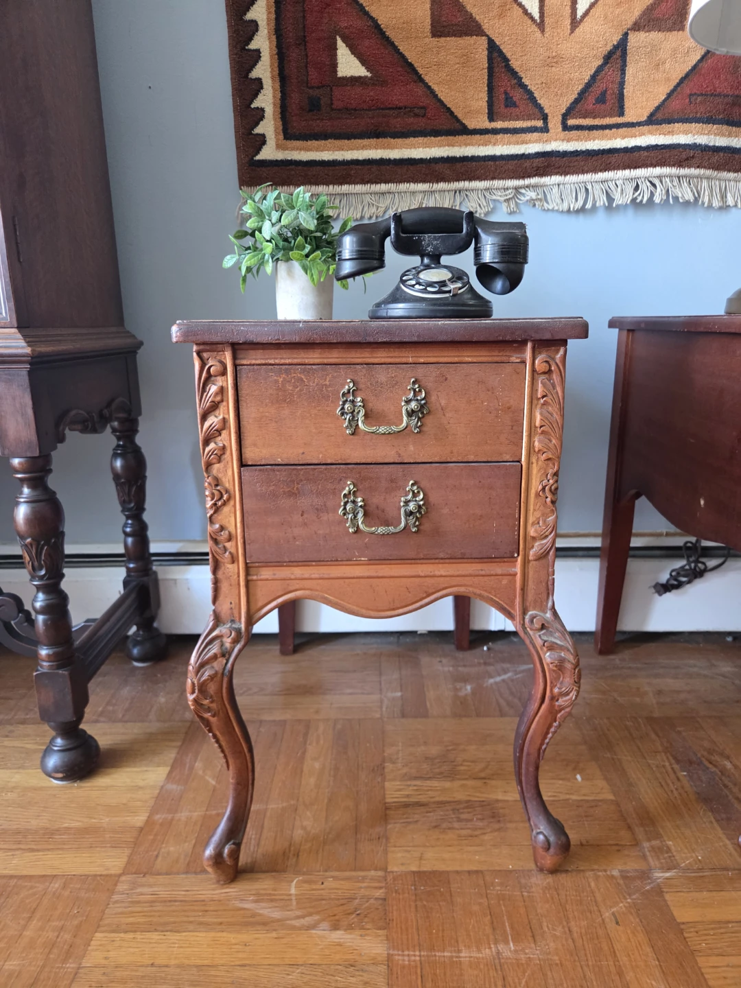 Pair of Vintage Two-Drawer Leather Bound Top Nightstands - photo 5