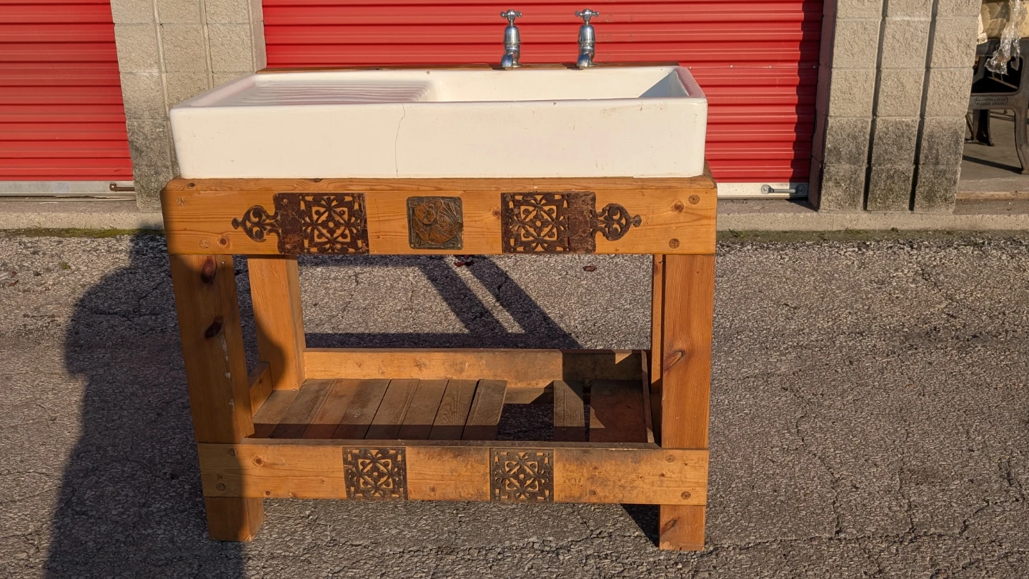 Vintage Ceramic Sink with Custom Wooden Stand