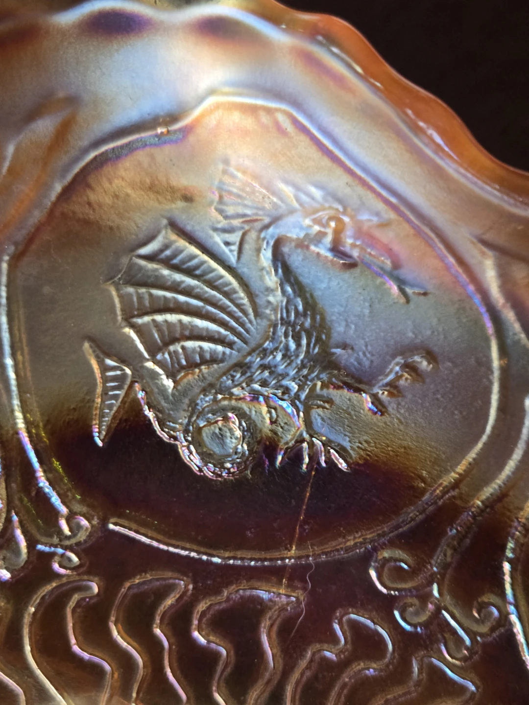 Antique Carnival Glass "Dragon & Lotus" 3-Footed Bowl - photo 2