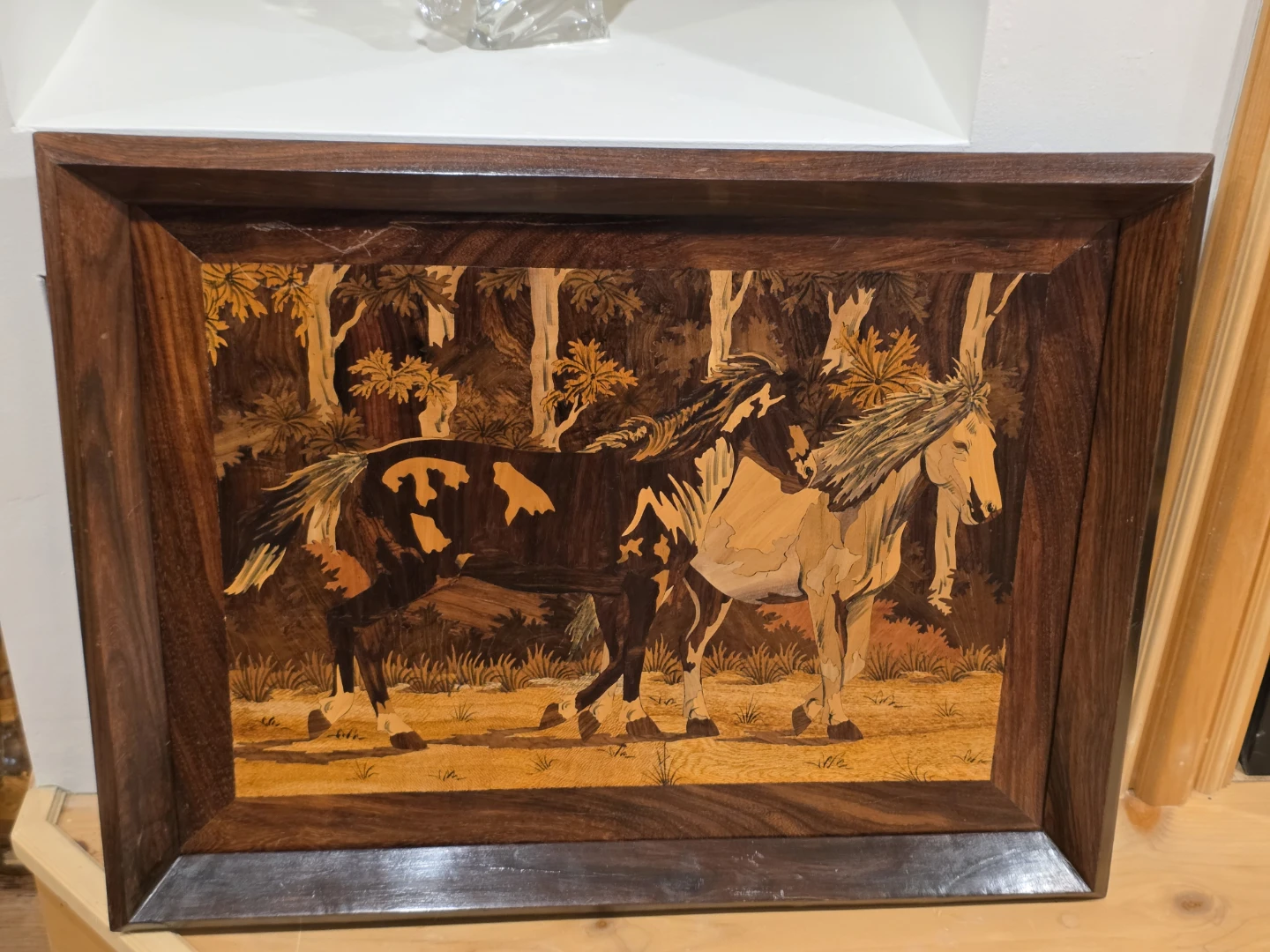 Vintage Framed Wooden Intarsia Wall Art with Horses - photo 2