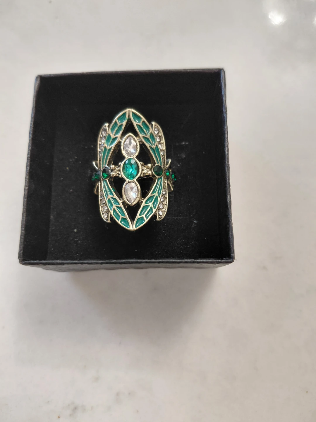 Green Enamel and Crystal Statement Ring