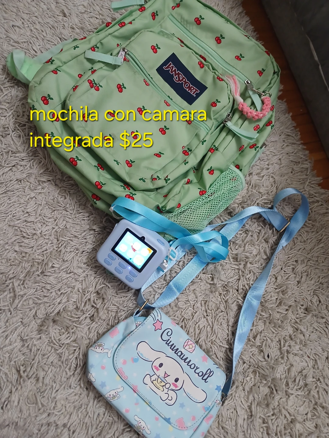 JanSport cherry print backpack and Cinnamoroll bag