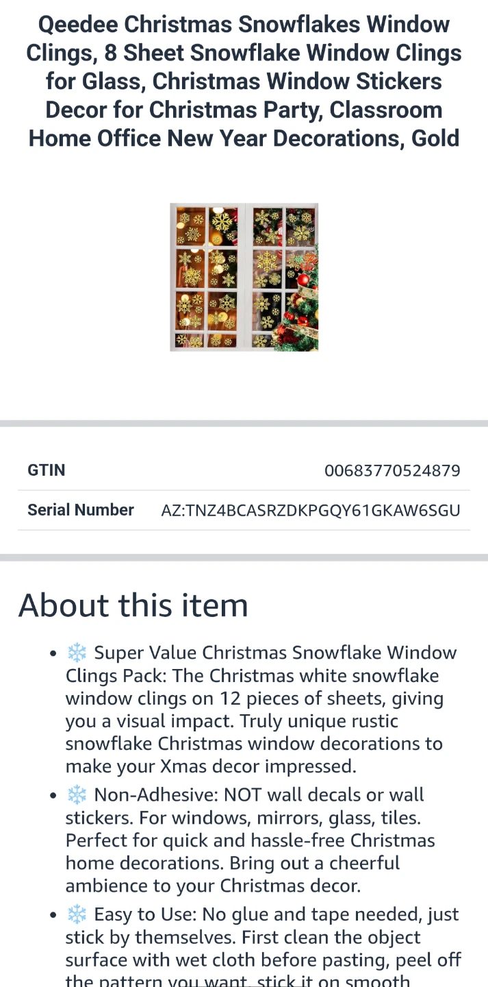 Qeedee Gold Snowflake Window Clings - 8 Sheets - photo 2