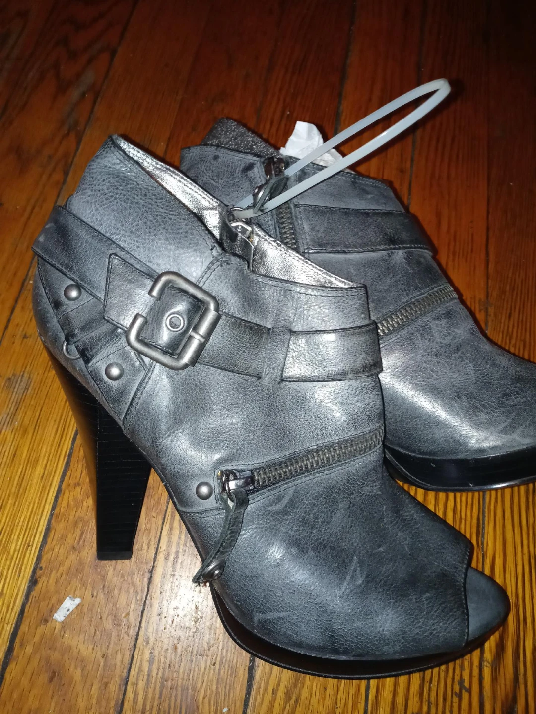 Grey Buckled Peep-Toe Ankle Boots