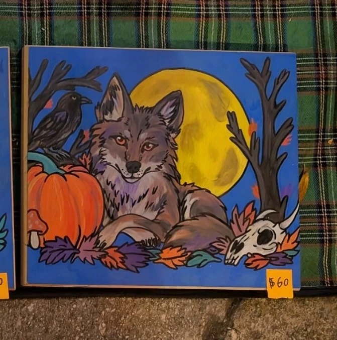 Autumn Wolf Painting on Wood Panel