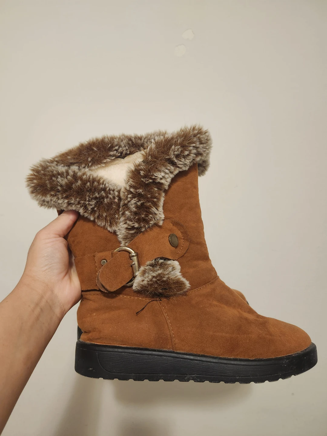Brown Faux Suede Fur-Trim Boots