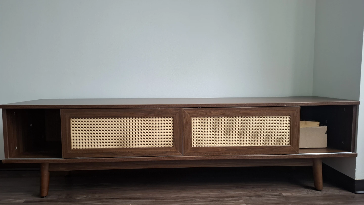 Mid-Century Modern Wood TV Stand with Rattan Doors - photo 2