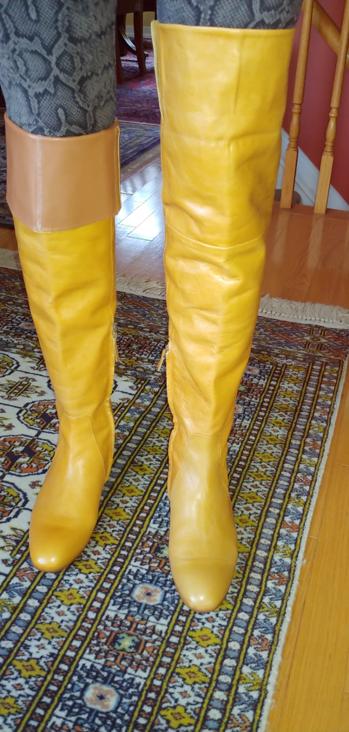 Yellow leather over-the-knee boots