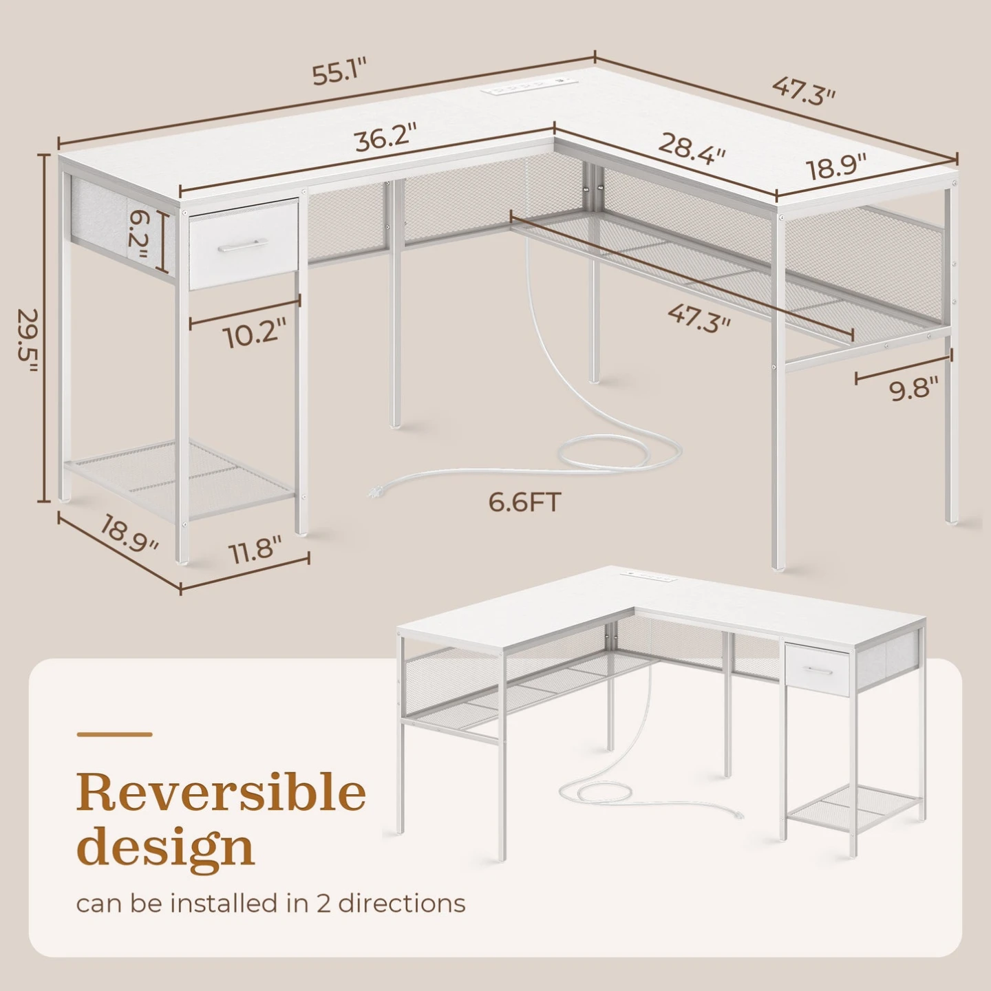 White L-Shaped Reversible Computer Desk - photo 5