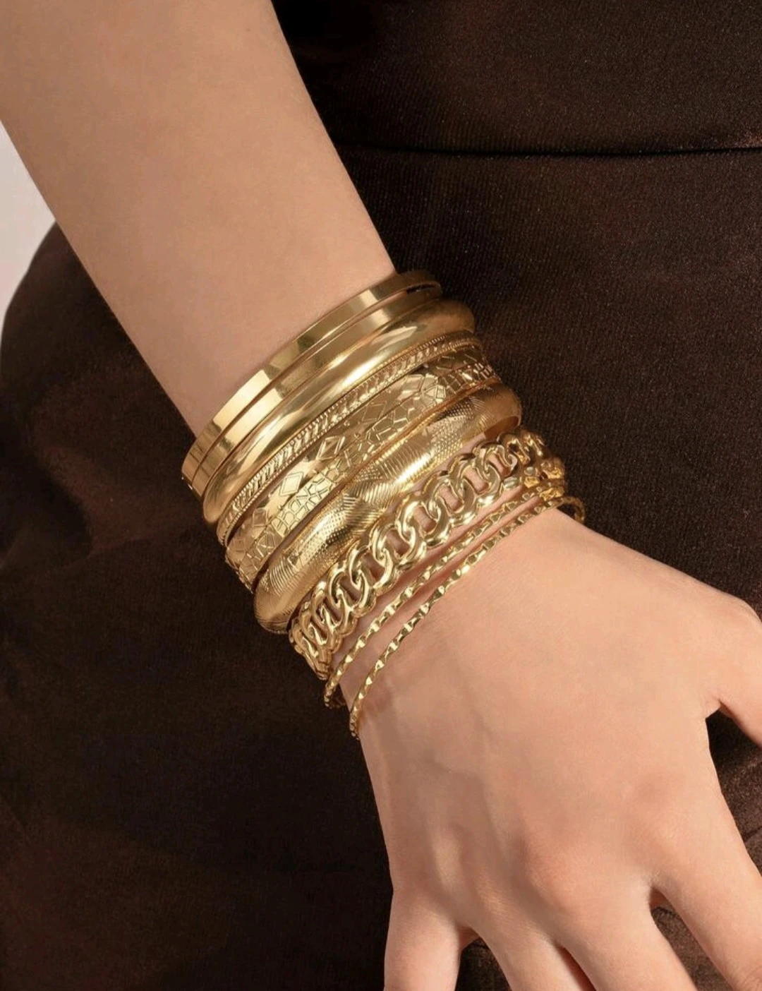 Set of 9 Gold-Tone Metal Bangles