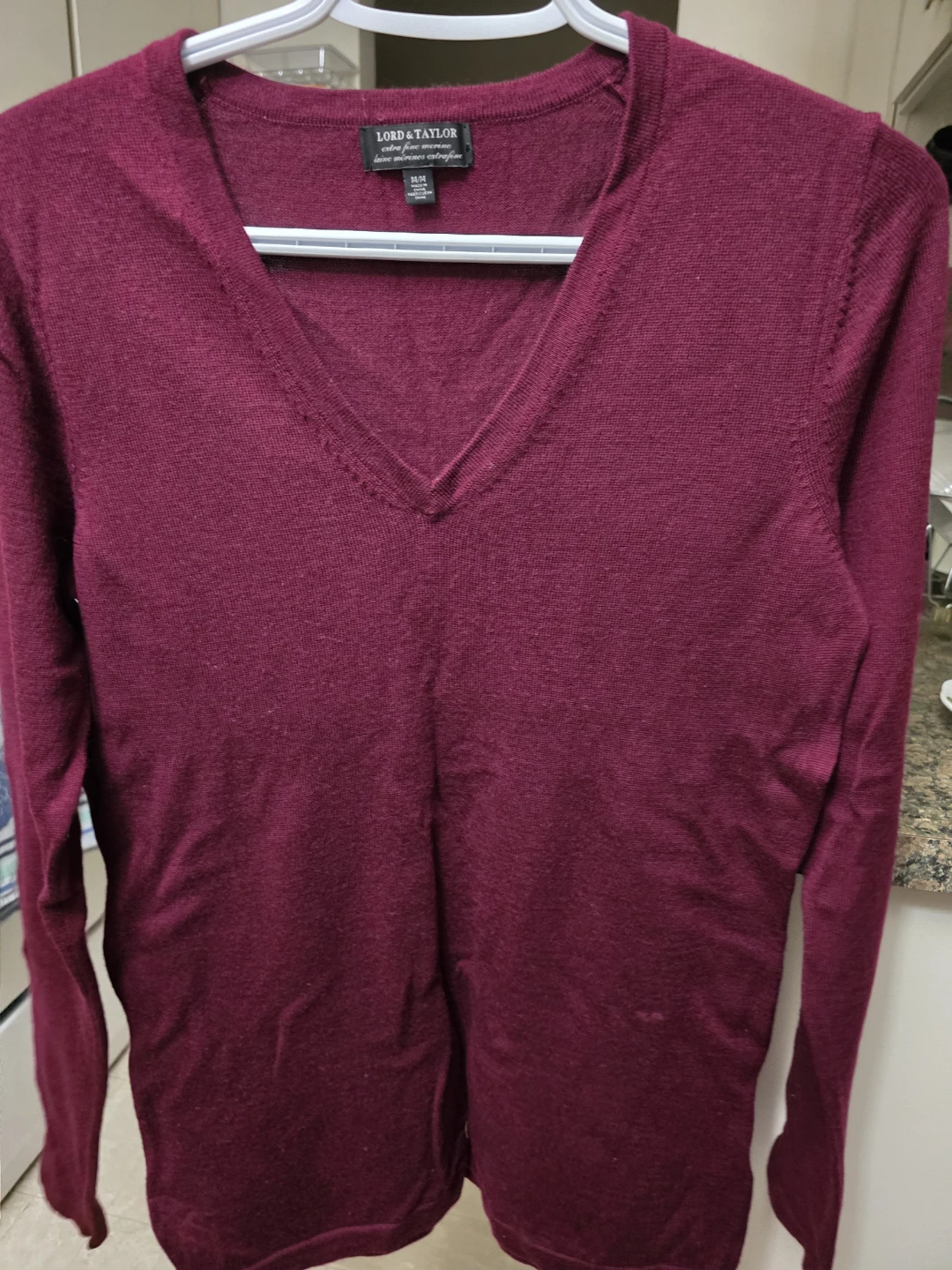 Lord & Taylor Maroon Extra Fine Merino V-Neck Sweater