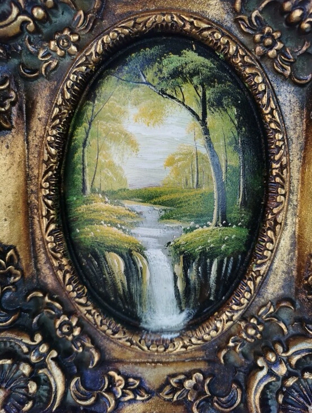Vintage European Oil Landscape Painting Ornate Gilt Rococo Frame - photo 3