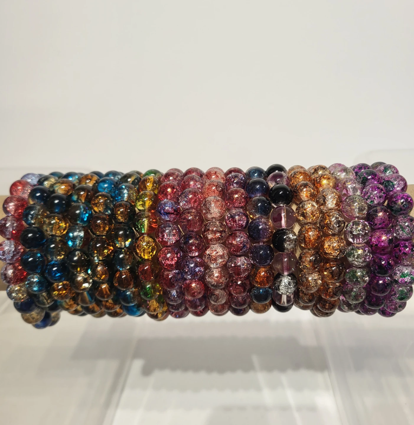 Set of 18 Multi-Coloured Crackle Glass Bead Bracelets