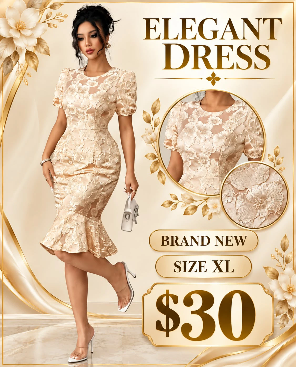 Elegant Floral Lace Dress Beige Size XL