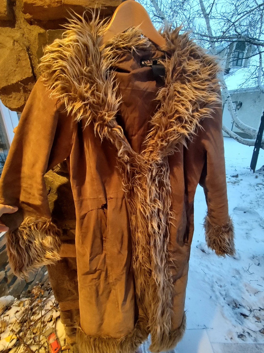 Suede Coat with Faux Fur Trim