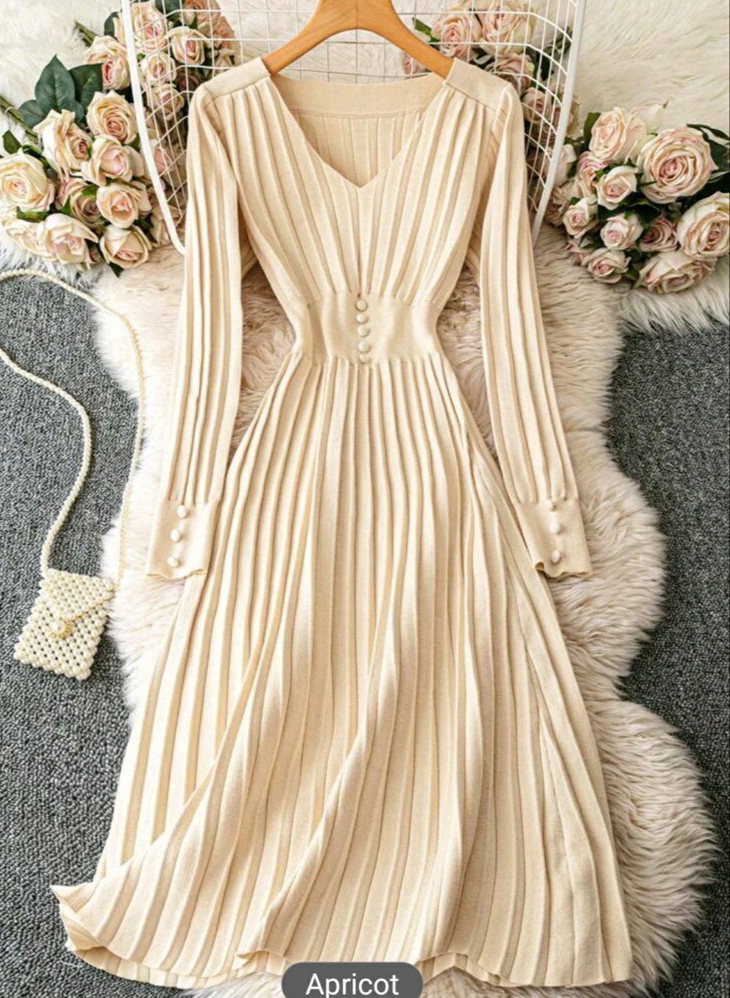 Apricot Pleated Knit V-Neck Midi Dress