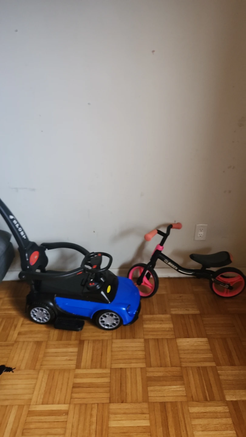 Toddler ride-on push car and Globber balance bike
