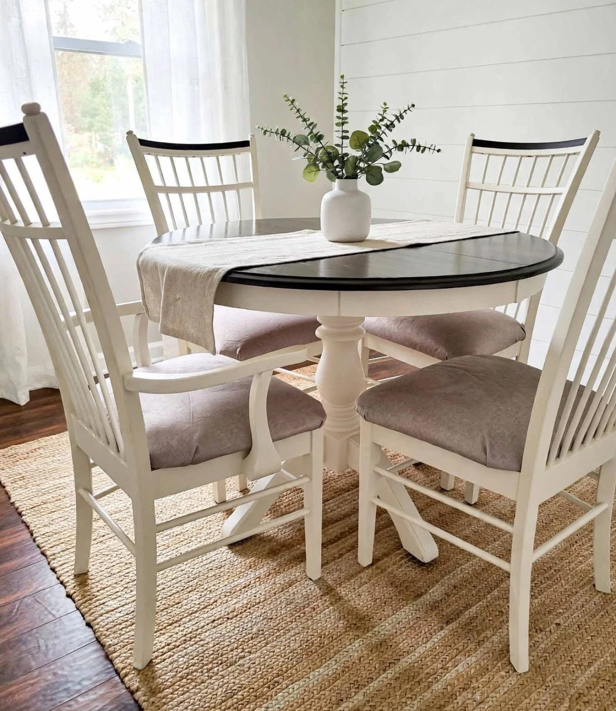 Refinished pedestal set — soft cream base, dark stained top - photo 5
