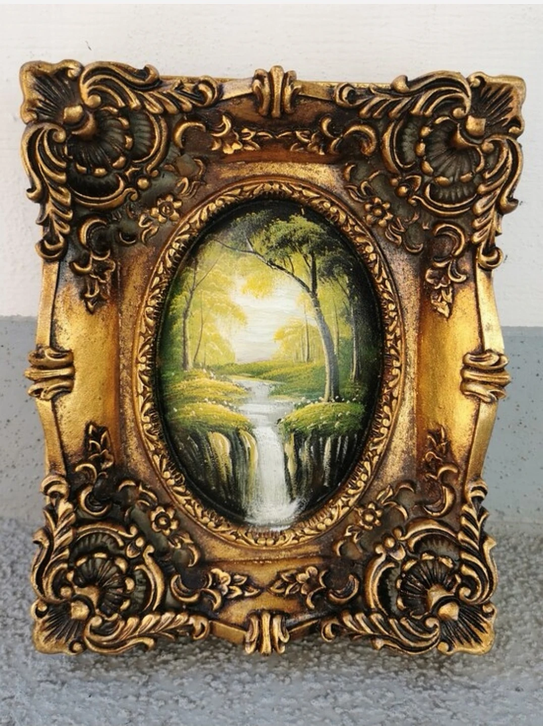 Vintage European Oil Landscape Painting Ornate Gilt Rococo Frame