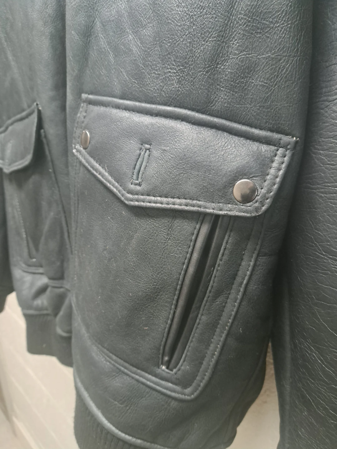 Black/Blue Leather Bomber Jacket with Sheep Wool fur lining - photo 3