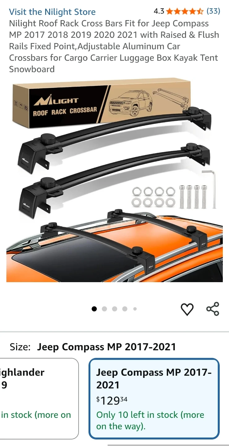 Roof Rack Cross Bars for 2017 TO 2021 JEEP COMPASS MP - photo 3