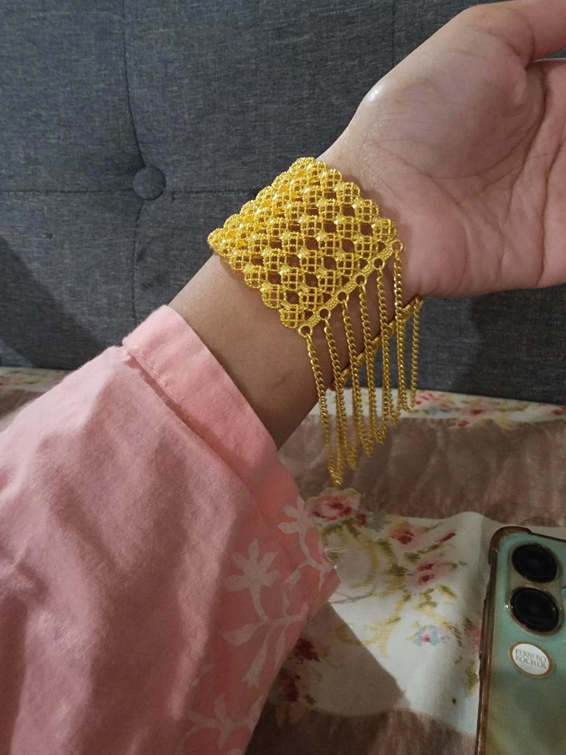 Gold Tone Wide Mesh Bracelet with Dangle Chains - photo 2