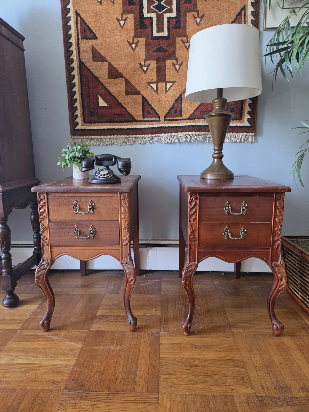 Pair of Vintage Two-Drawer Leather Bound Top Nightstands - photo 3