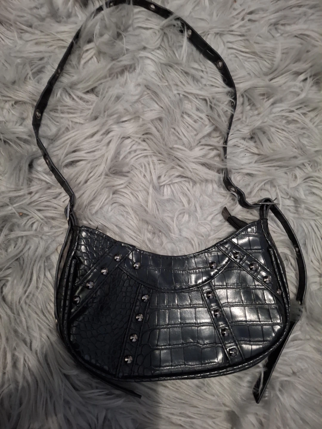 Black Croc-Embossed Studded Shoulder Bag - photo 3