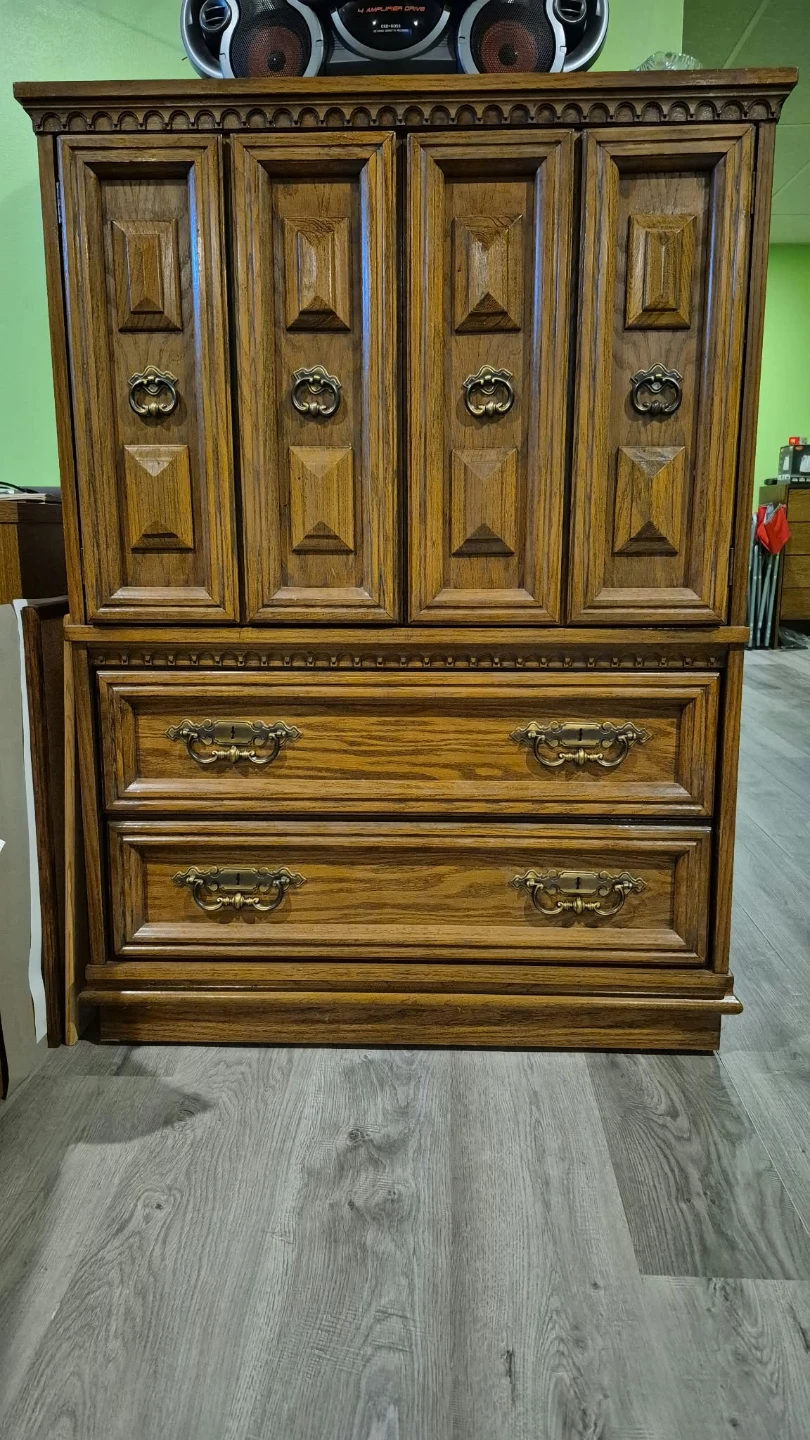 Vintage Solid Oak Armoire / Tallboy Dresser Cabinet - photo 3