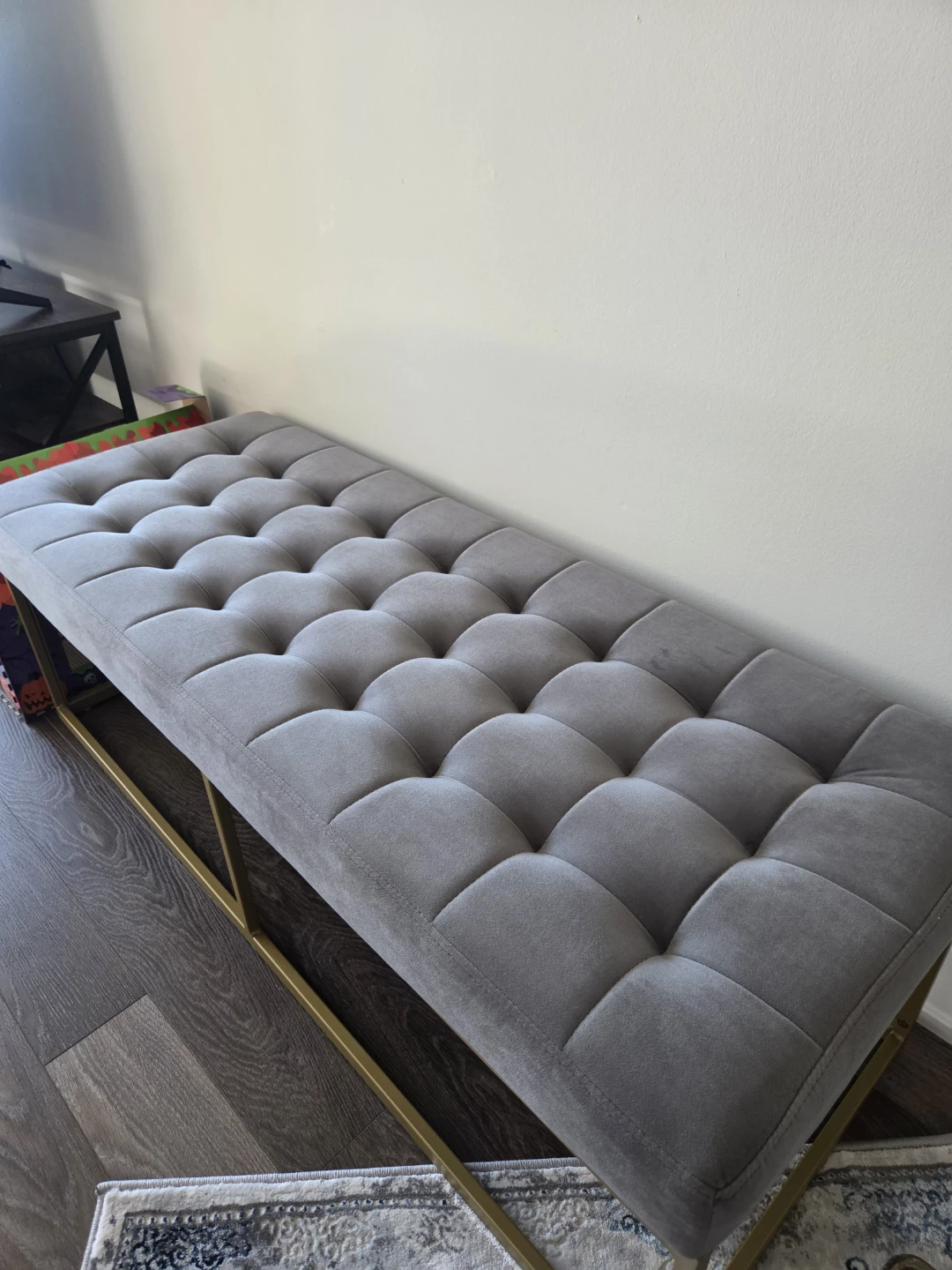 Grey Velvet Upholstered Bench with Gold Metal Base - photo 5