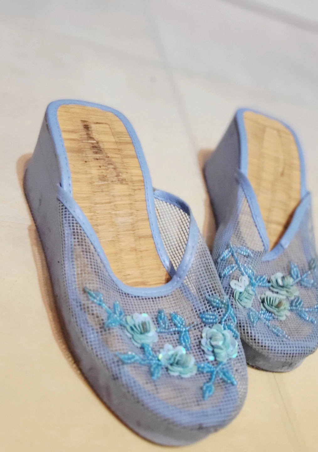 Blue Mesh Floral Wedge Sandals